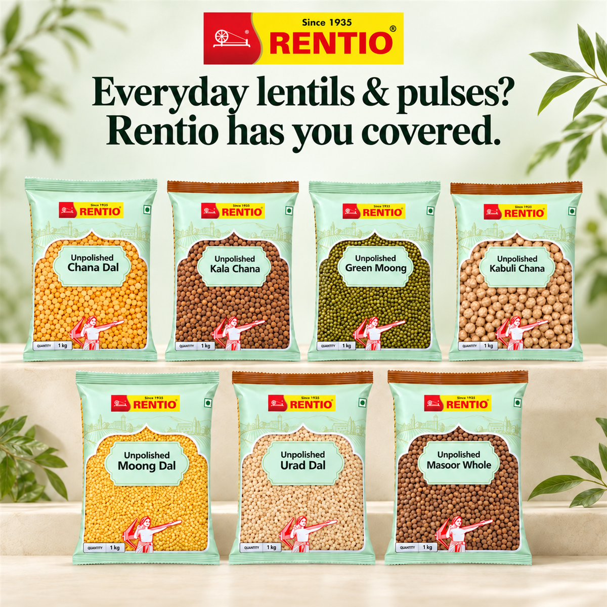 Rentio Chana Dal 2kg Unpolished (1kg 2 Packs)