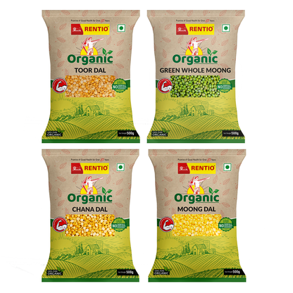 RENTIO Organic Toor dal (500g) + Organic Chana dal (500g) + Orgainc Moong dal (500g) + Organic Whole Moong (500g)