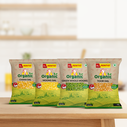 RENTIO Organic Toor dal (500g) + Organic Chana dal (500g) + Orgainc Moong dal (500g) + Organic Whole Moong (500g)