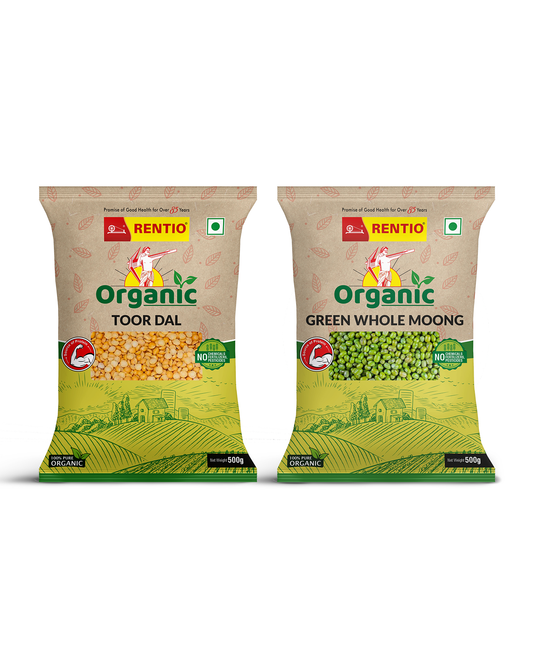 RENTIO Organic Toor dal (500g) + Organic Green Whole Moong (500g) Combo