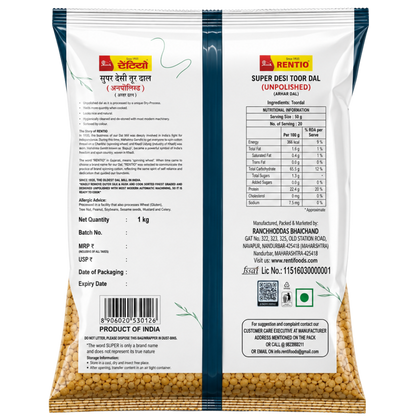 RENTIO Super Desi Toor Dal (Non-Oiled) - 1kg x 2 | 5kg