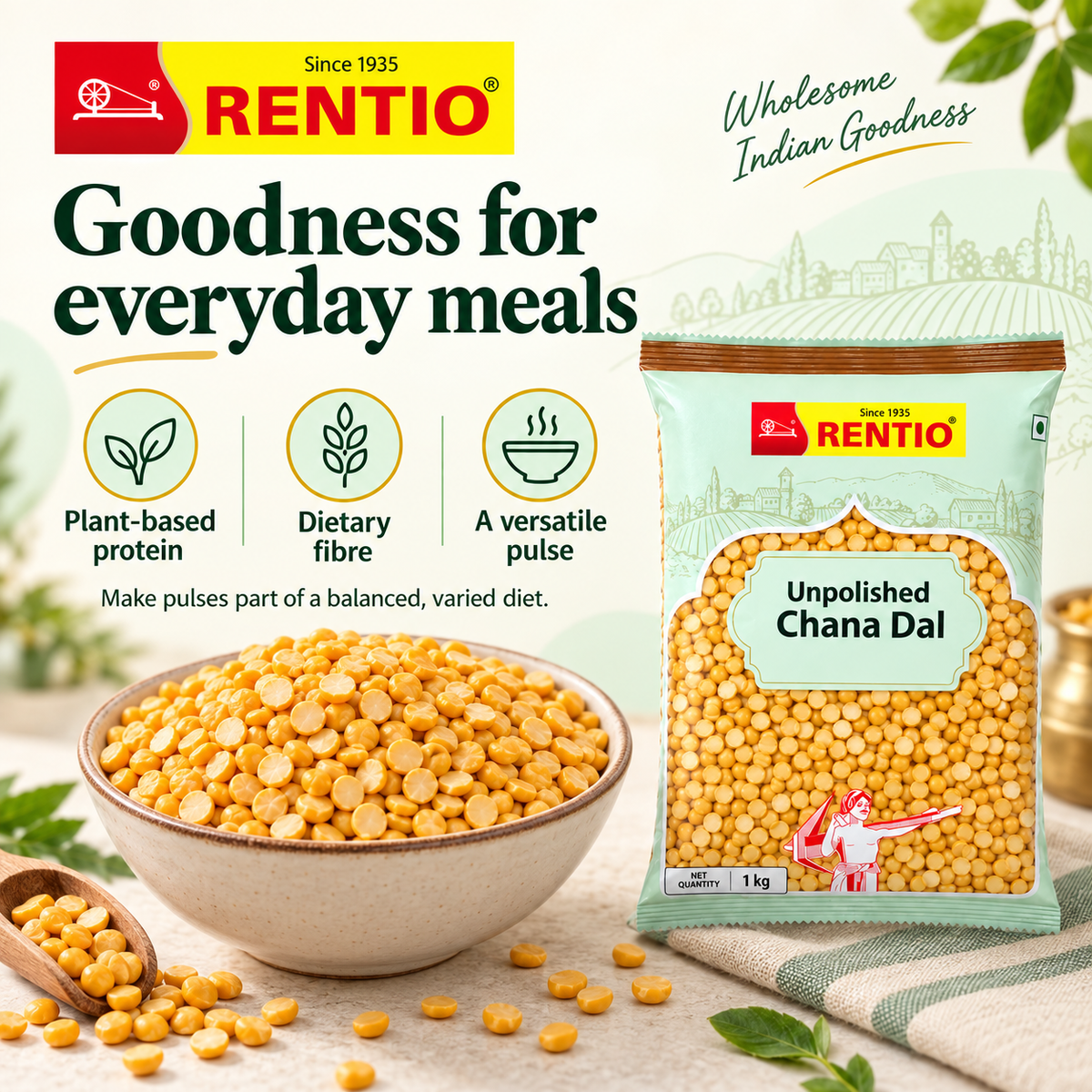 Rentio Chana Dal 2kg Unpolished (1kg 2 Packs)