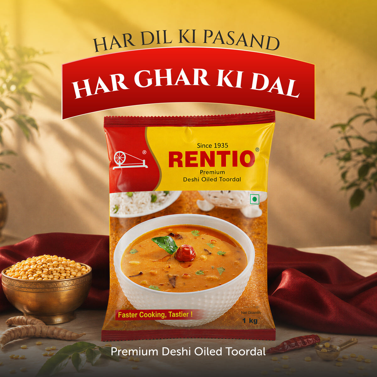 RENTIO Premium Desi Oiled Toor Dal - 1kg x 2 | 2kg | 5kg | 10kg