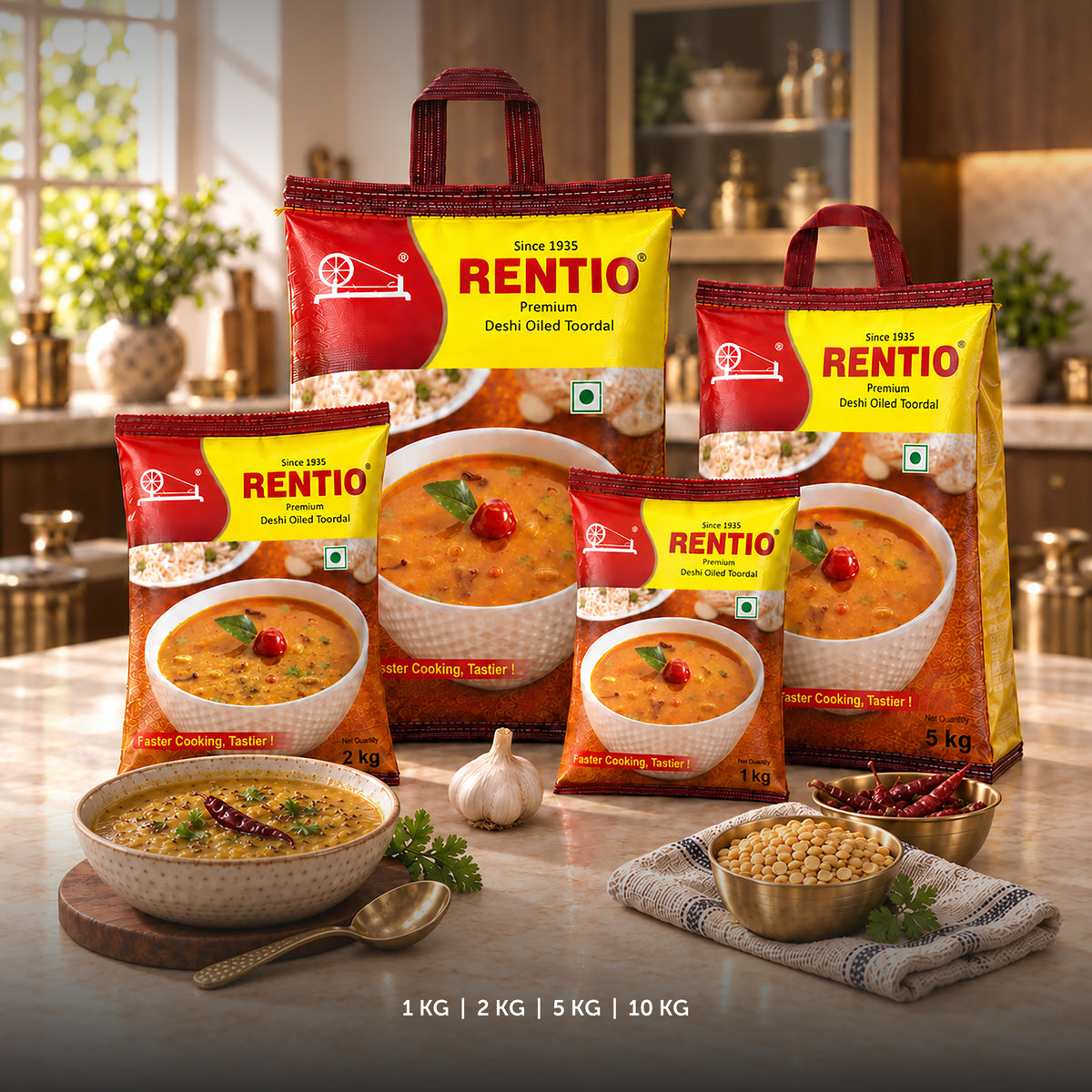 RENTIO Premium Desi Oiled Toor Dal - 1kg x 2 | 2kg | 5kg | 10kg