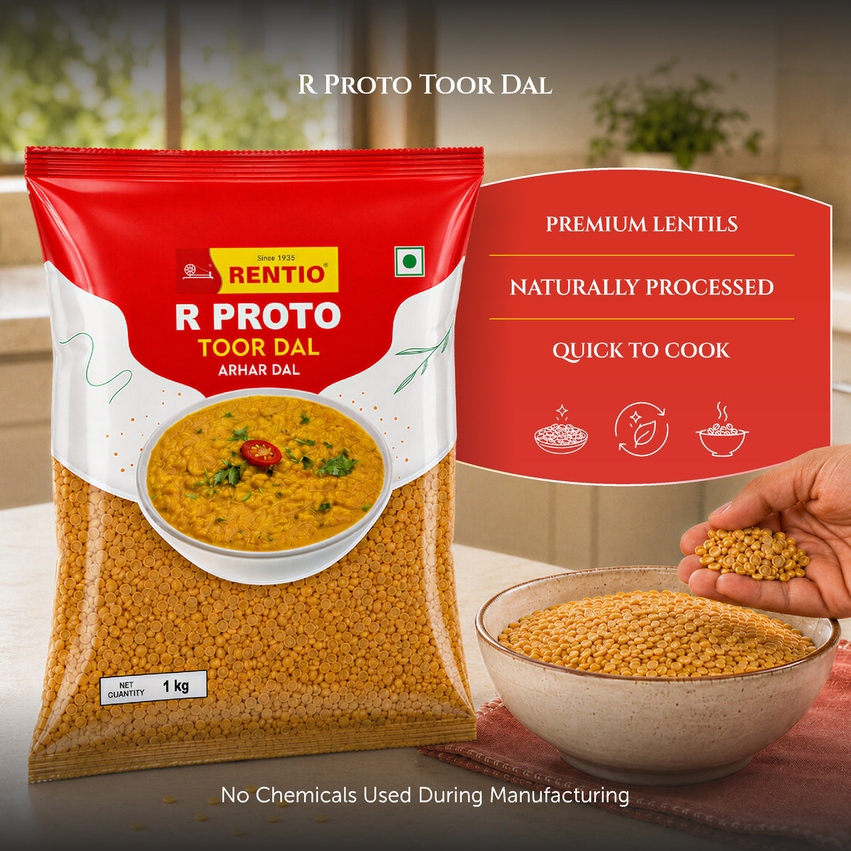 RENTIO R Proto Toor/Arhar Dal - 1kg x 2 | 5kg