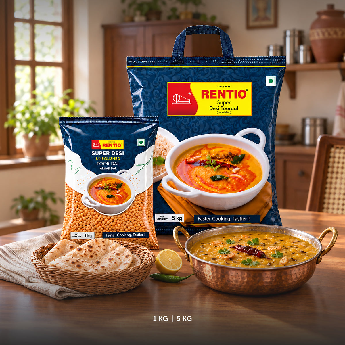 RENTIO Super Desi Toor Dal (Non-Oiled) - 1kg x 2 | 5kg