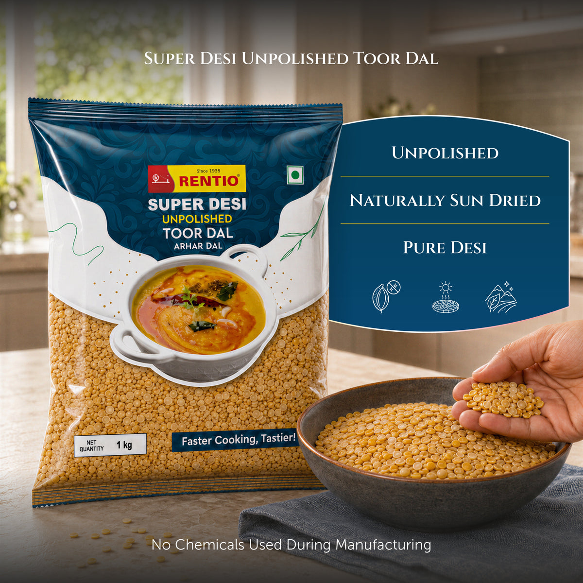 RENTIO Super Desi Toor Dal (Non-Oiled) - 1kg x 2 | 5kg