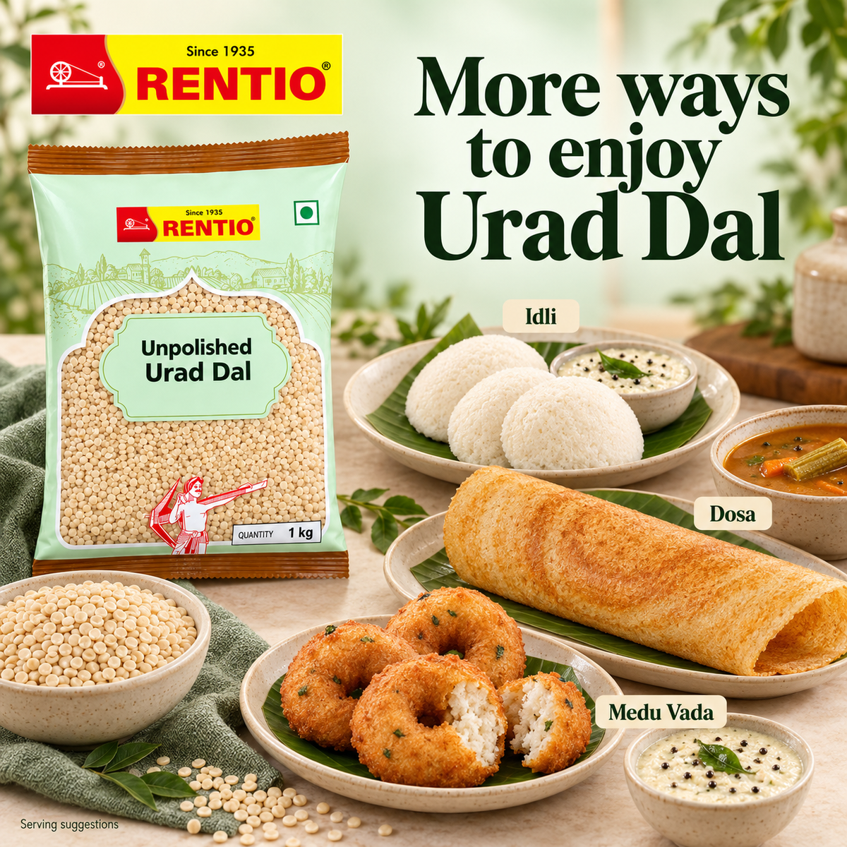 Rentio Urad Dal 2kg Unpolished (1kg 2 Packs)