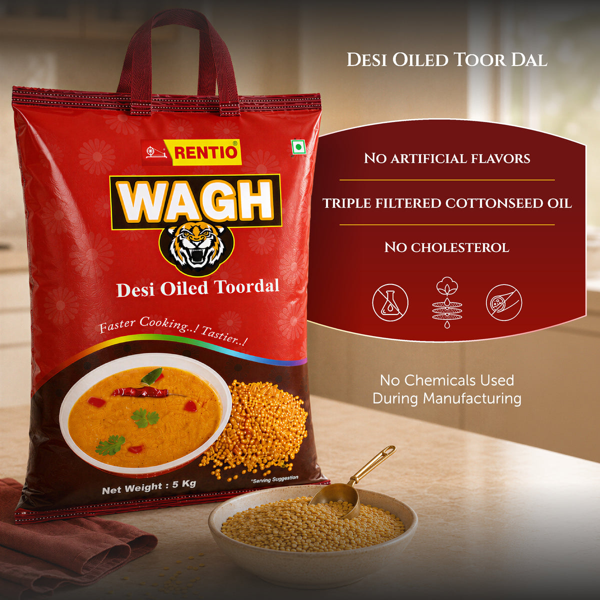 RENTIO Wagh Oiled Toor Dal - 5kg