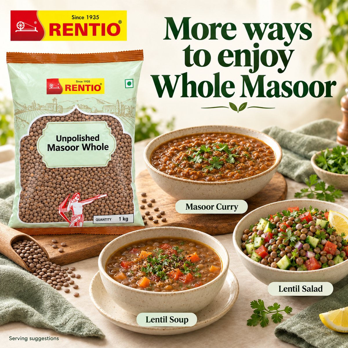 Rentio Whole Masoor 2kg Unpolished (1kg 2 Packs)