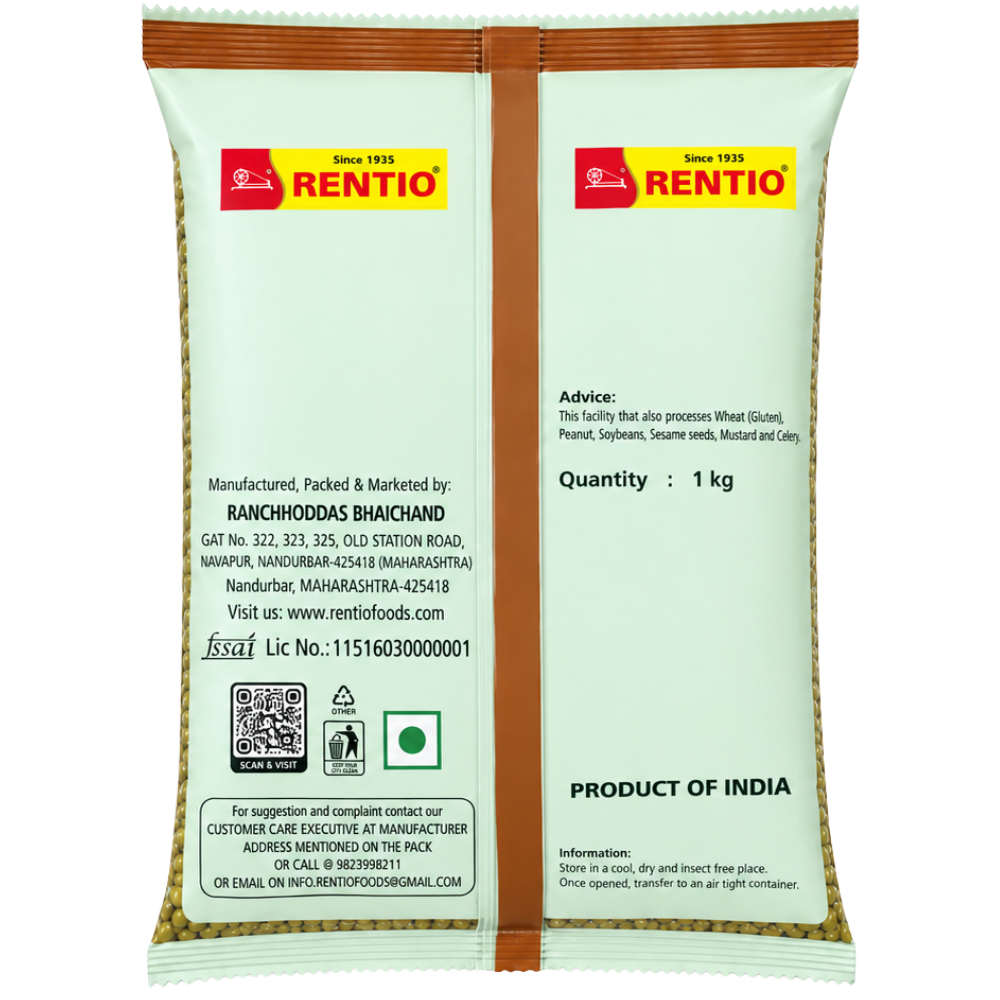 Rentio Whole Moong 2kg Unpolished (1kg 2 Packs)