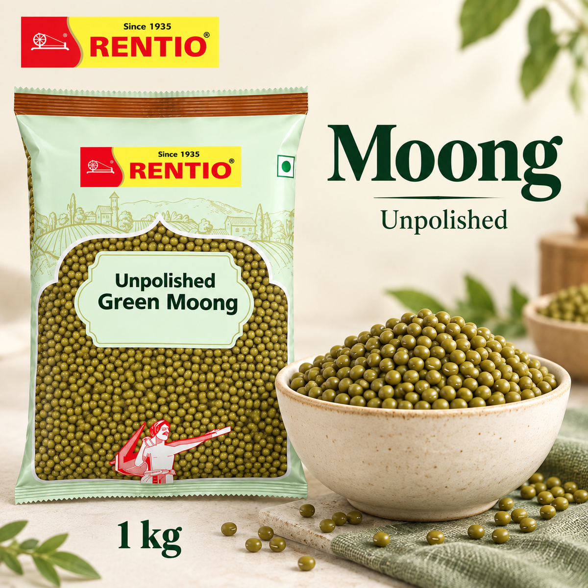 Rentio Whole Moong 2kg Unpolished (1kg 2 Packs)
