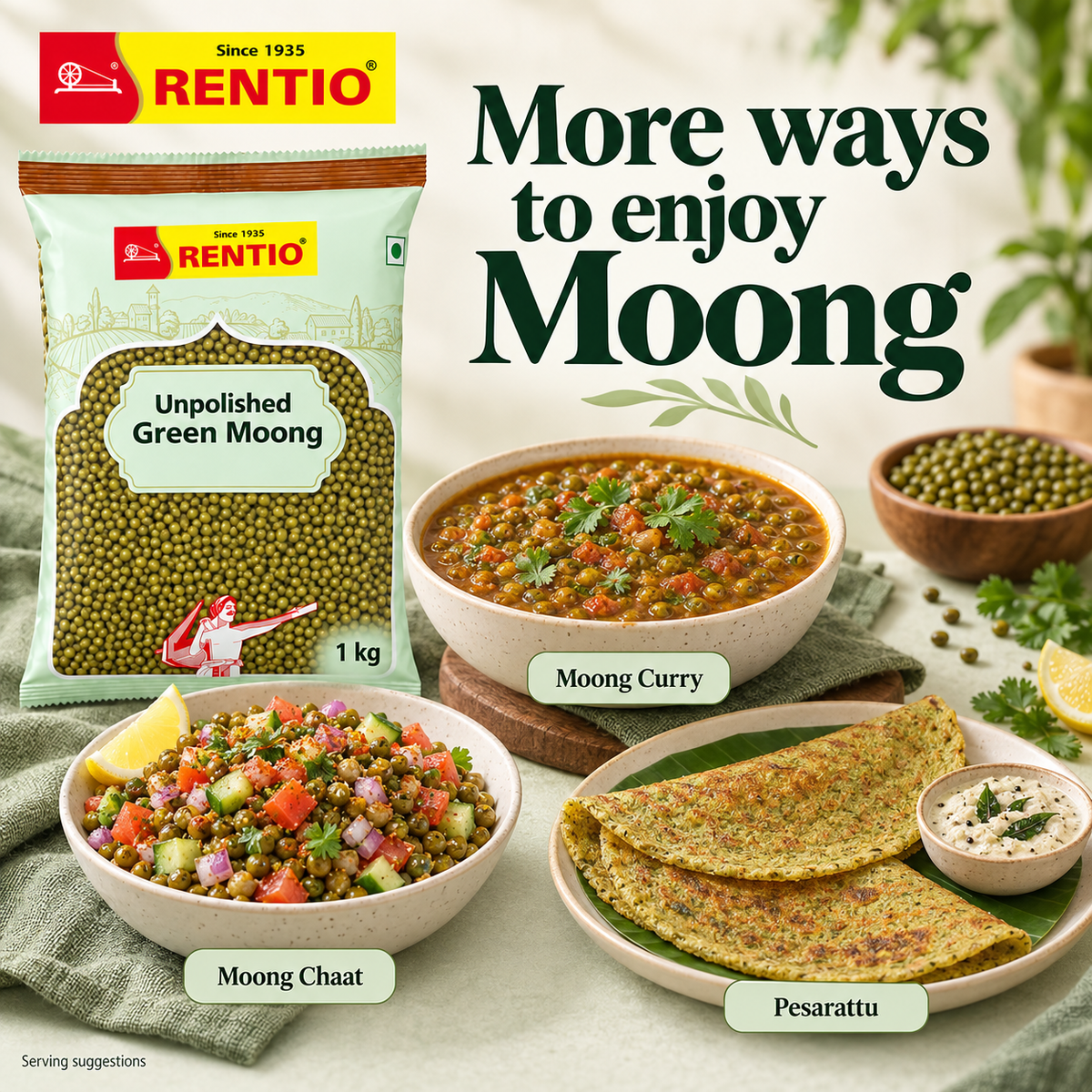 Rentio Whole Moong 2kg Unpolished (1kg 2 Packs)